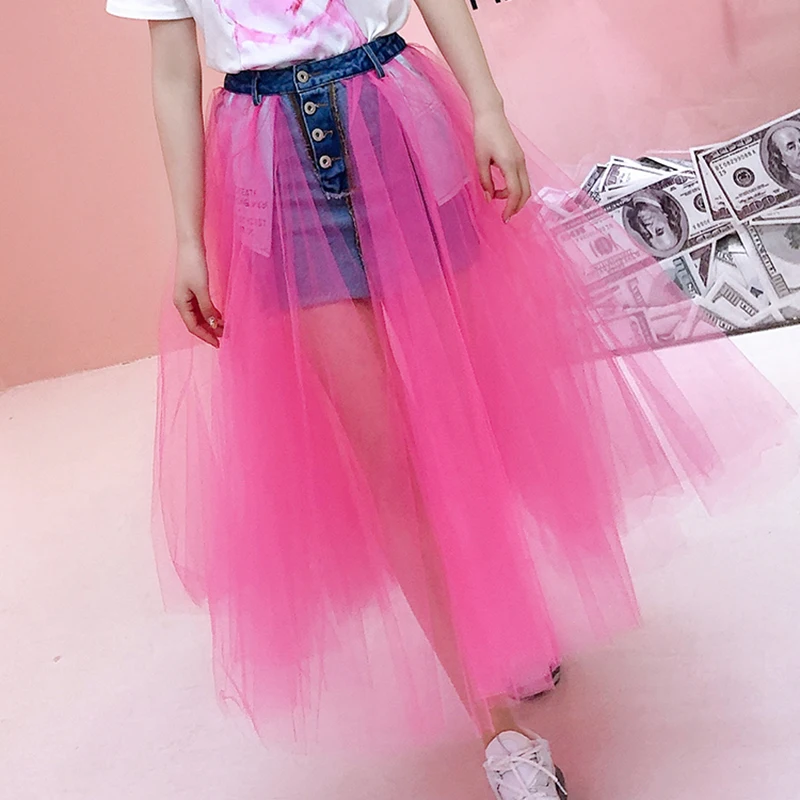 7 Манг 2019 высокая Талия Джинсовая сетка Лоскутная юбка Уличная новая Вечеринка