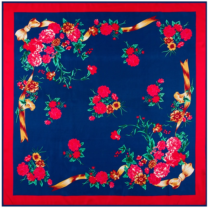Женский саржевый шелковый шарф 100*100 квадратный с принтом в виде цветка и ветра