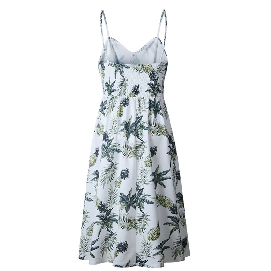 Летнее платье с принтом голубое по центру ананасами на бретельках Vestidos тонкое