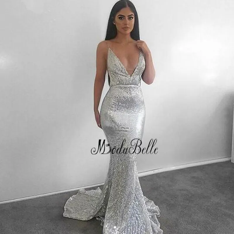modabelle Silver Sequin Evening Dress Robe Longue Spaghetti Straps Sexy V-neck Mermaid Party Long Gowns For Women | Свадьбы и