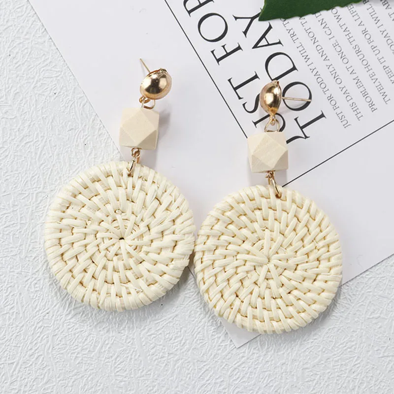 Beige Geometric AENSOA, несколько, Корея, ручная работа, Бамбуковая коса, подвески, висячие серьги, новая мода, ротанг, лоза, вязанные длинные серьги для женщин, девушек - Окраска металла: Beige Geometric