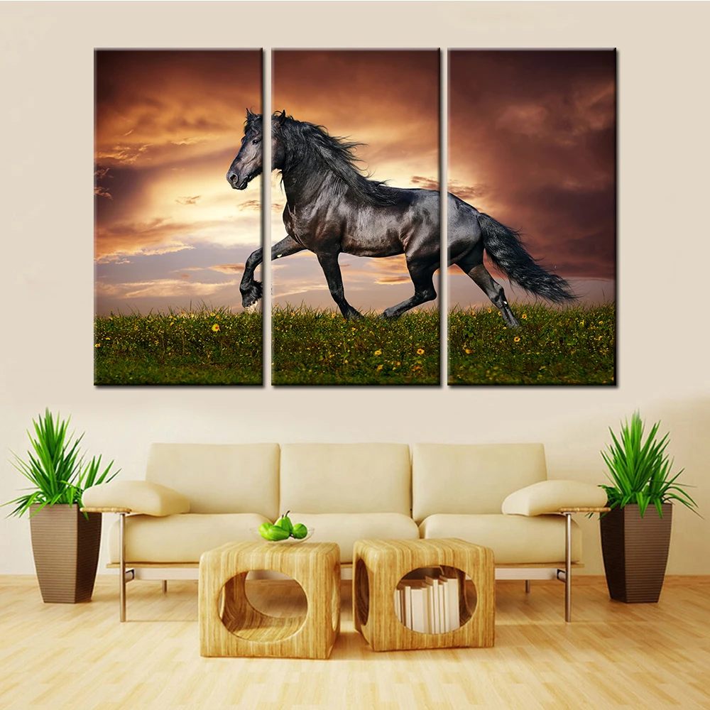 

Drop Shipping Unframed 3 Pieces Nordic Canvas Wall Art Animal Running Horse Decorative Picture for Living Room Home Decor