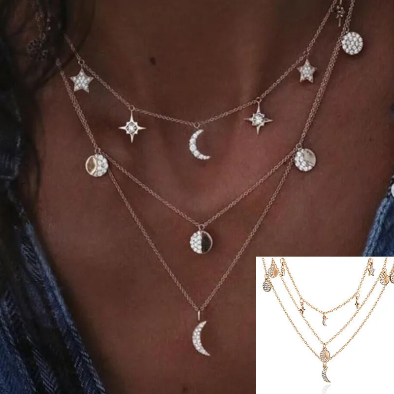 3Layer Moon Star RAVIMOUR бохо колье ожерелье s Женская Золотая звезда круглая монета подвеска ожерелье цепь богемное сексуальное ювелирное изделие винтажный воротник - Окраска металла: 3Layer Moon Star