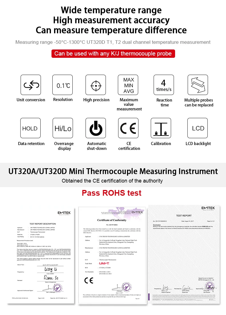 UNI-T UT320A UT320D мини-цифровой термометр с контактным типом двухканальный K/J измеритель температуры с ЖК-подсветкой термостат для хранения данных