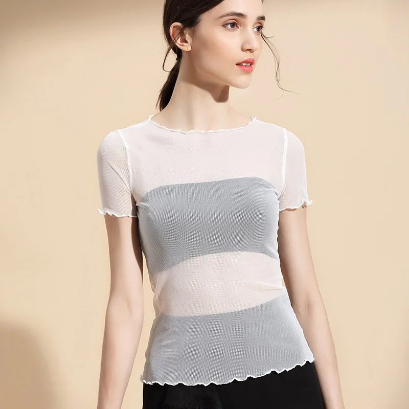 Сетчатая Базовая рубашка для женщин тонкая прозрачная блузка нейлон спандекс