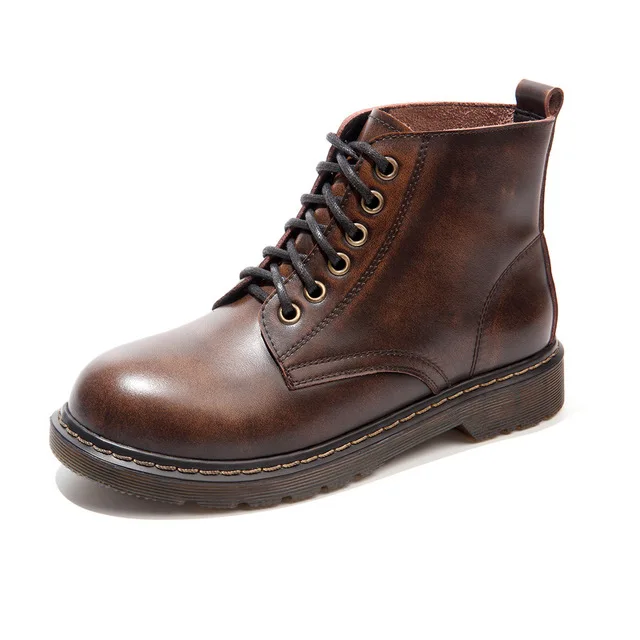 Brown Leather Boots Классические ботинки из натуральной кожи; женские осенние ботильоны на шнуровке; женские зимние ботинки martin с круглым носком на платформе; женская обувь - Цвет: Brown Leather Boots