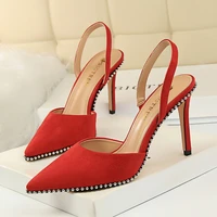 women sandals shoes flock pointed toe back strap slip on rivet 9cm thin high heels sexy lady club party female pump shoes