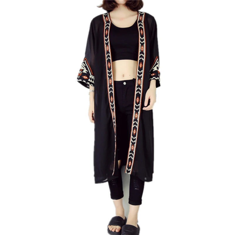 Runway Black White Kimono Cardigan Women Embroidery Long Cardigan Summer Beach Chiffon Maxi Cardigan Female