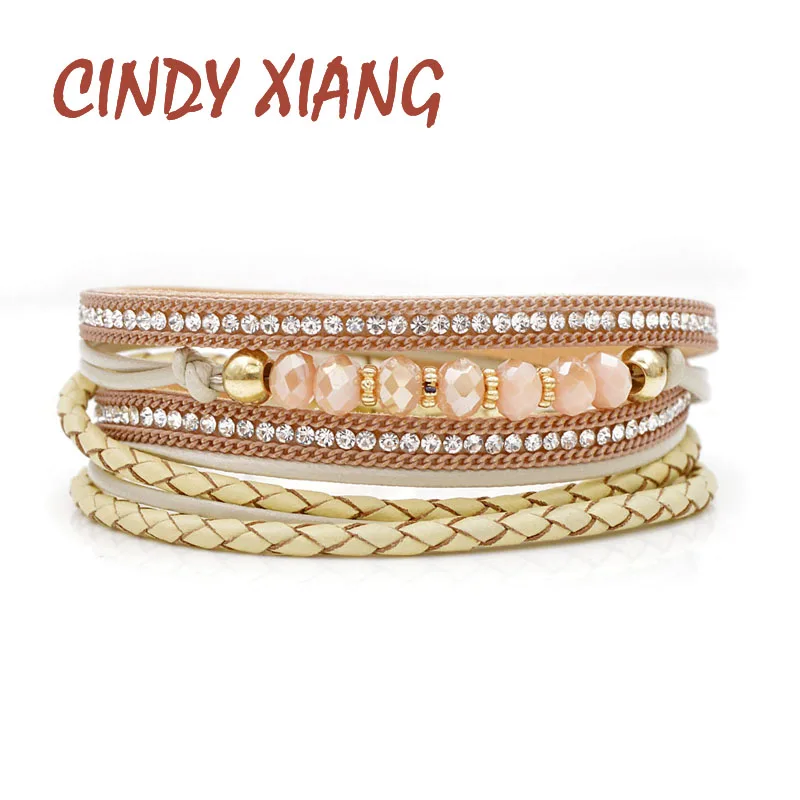 Женский браслет CINDY XIANG витой кожаный на цепочке с кристаллами и бусинами лето