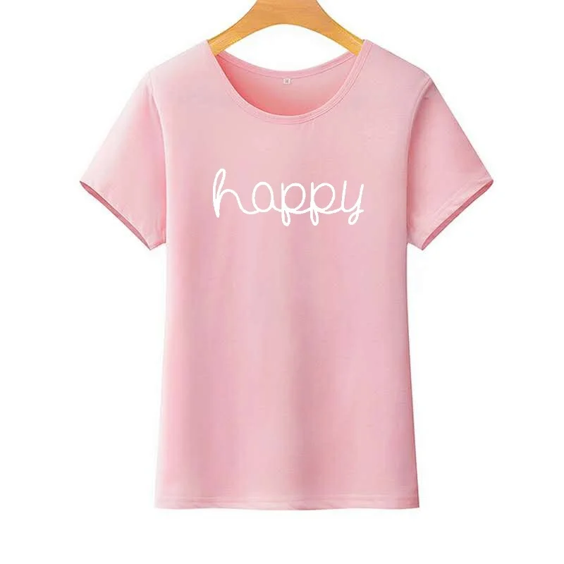 HAPPY Hipster Print T Shirt for Women Short Sleeve Loose Casual Summer Streetwear Black &amp White tee shirt femme | Женская одежда