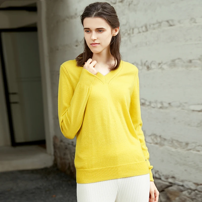 

Новинка 2018, осенне-зимний пуловер ZHILI с V-образным вырезом, желтый кашемировый свитер