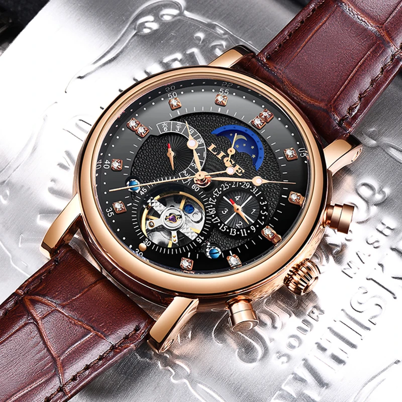 LIGE Брендовые мужские часы автоматические механические Tourbillon спортивные кожаные