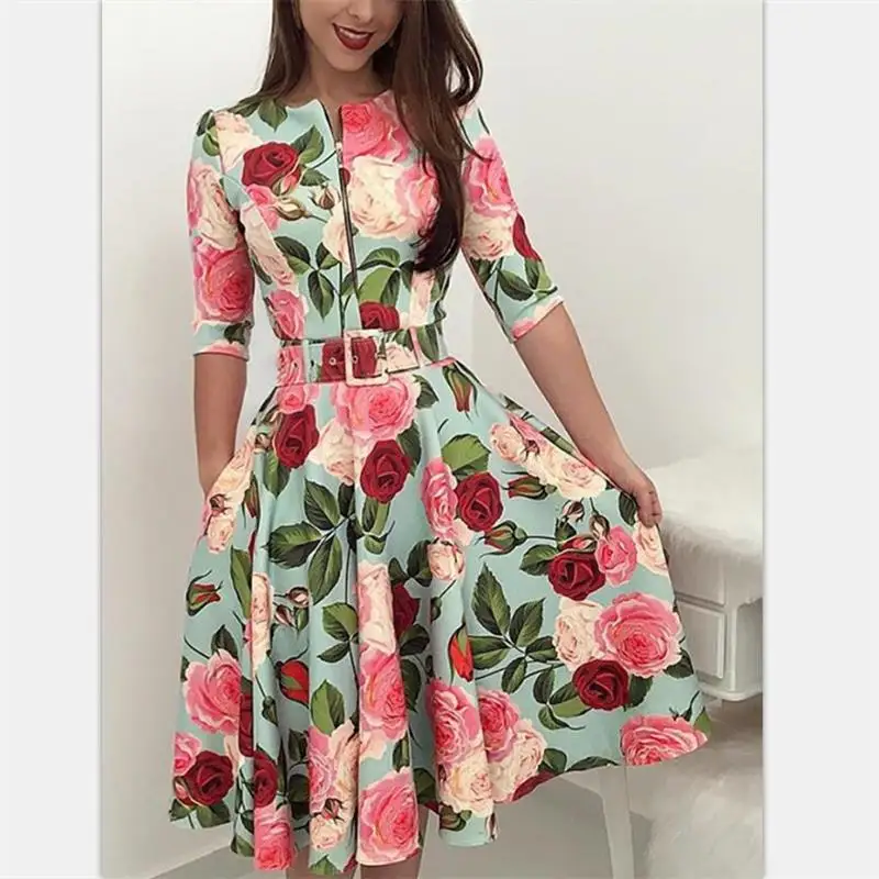 Женское облегающее платье миди с длинным рукавом и цветочным принтом|Женские
