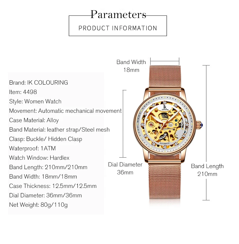 Женские Автоматические механические часы IK белые розовые золотые с ремешком из