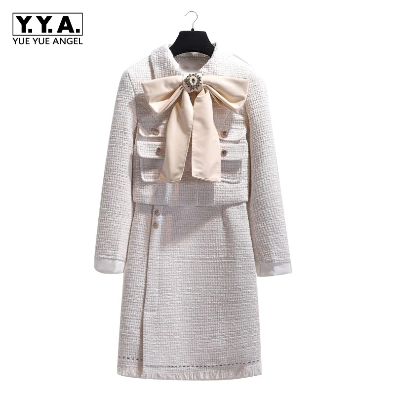 

Winter Ladies Small Fragrance Fringed Big Bow Coat + High Waist Package Hip Skirt Woolen Suits Female Side Zipper Tassel Sets