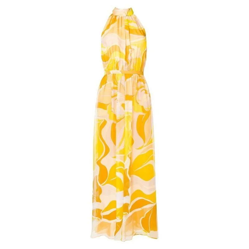 yellow TWOTWINSTYLE летнее женское платье с принтом, с открытыми плечами, без рукавов, с высокой талией, хит цвета, длина до щиколотки, пляжные платья для женщин - Цвет: yellow