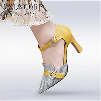 plus size 34 46 fashion women pumps sandals jacquard fabric plaid high heel summer pointed toe shoes casual sexy party buckle