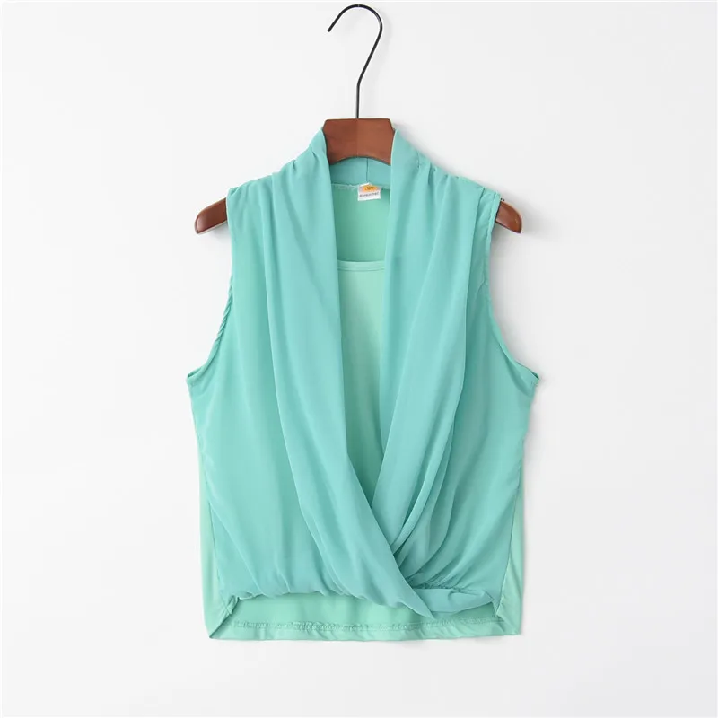 

YRRETY Woman Blouses Solid Tops Chiffon Shirts V-Neck Sleeveless Cross Fold Plus Size Casual Summer Lady Office S-XL Clothes