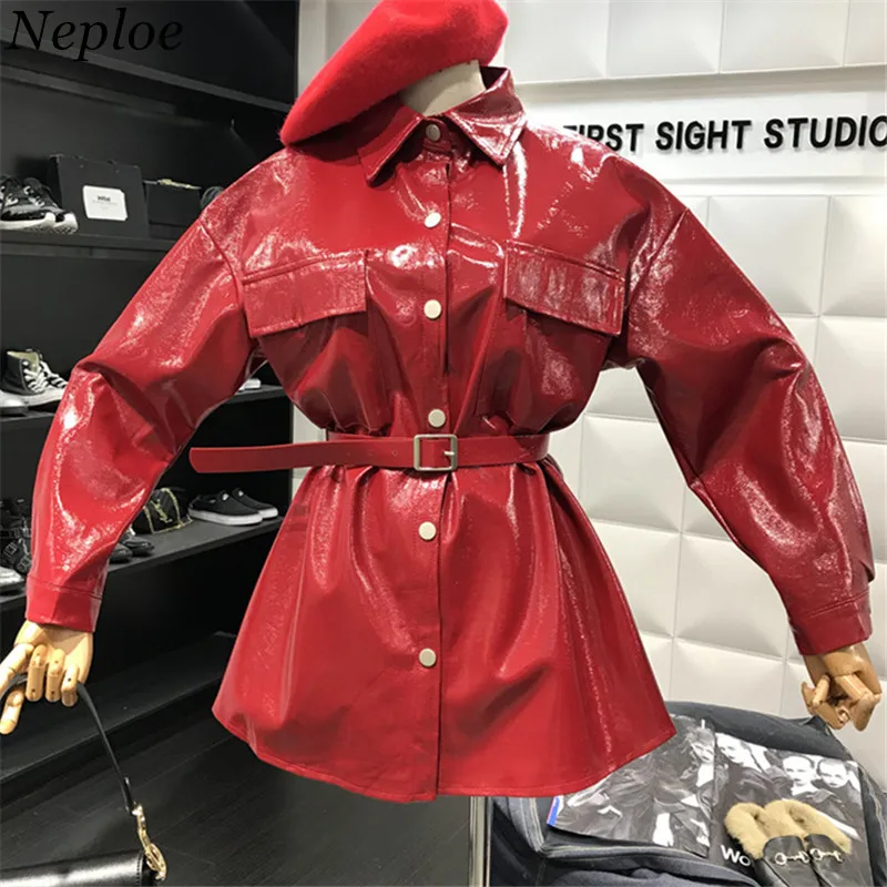 Neploe блестящие Однобортный кнопки прохладный куртка Искусственная кожа