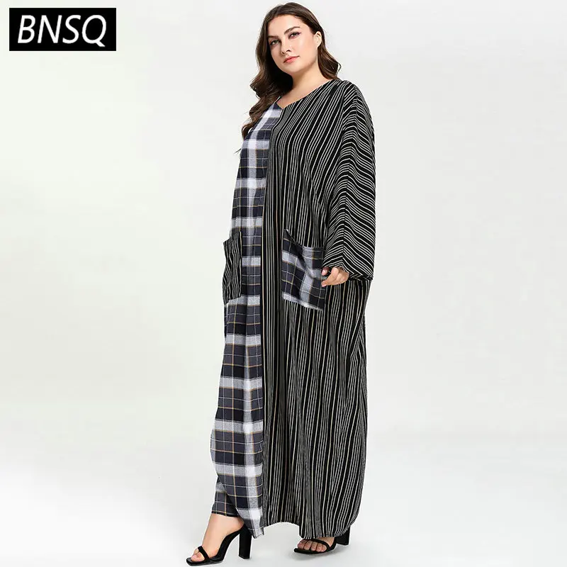 BNSQ Плюс Размер Свободное прямое длинное платье для женщин в полоску клетчатое