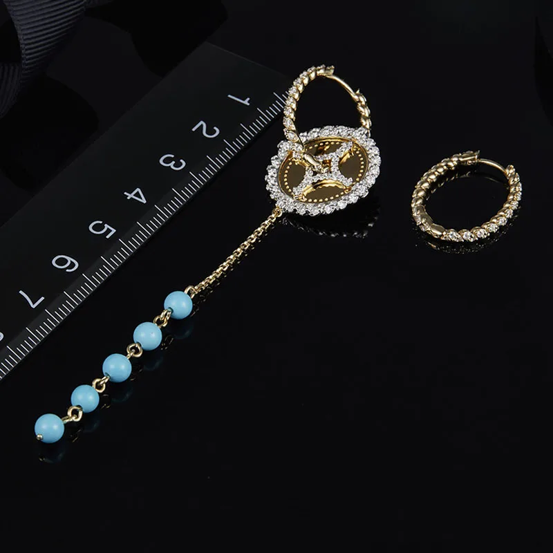 SLJELY Real 925 Sterling Silver Yellow Gold Color Asymmetric SOLSEIL Earrings with Turquesa Zirconia Stones Women Fine Jewelry | Украшения
