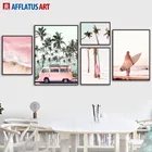 Настенная картина с розовым автобусом, морским пляжем, кокосовым деревом, пейзаж, настенная Картина на холсте, скандинавские плакаты и принты, настенные картины для декора гостиной