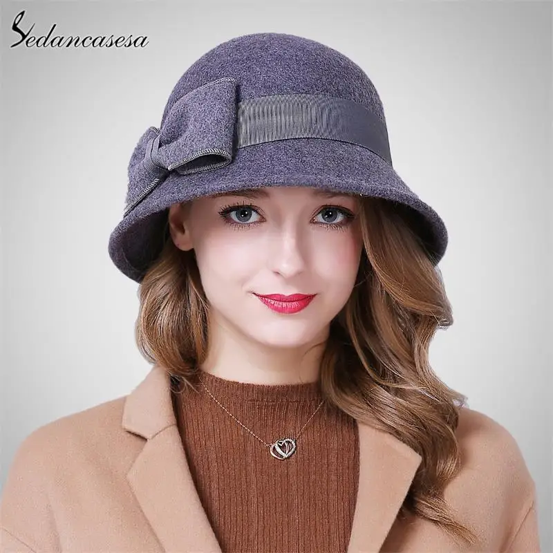 Sedancasesa, классические шляпы-Клош для женщин, австралийская шерстяная фетровая шляпа, элегантная ручная работа, бант, Осень-зима, теплая Женская фетровая Кепка - Цвет: mix grey 57cm