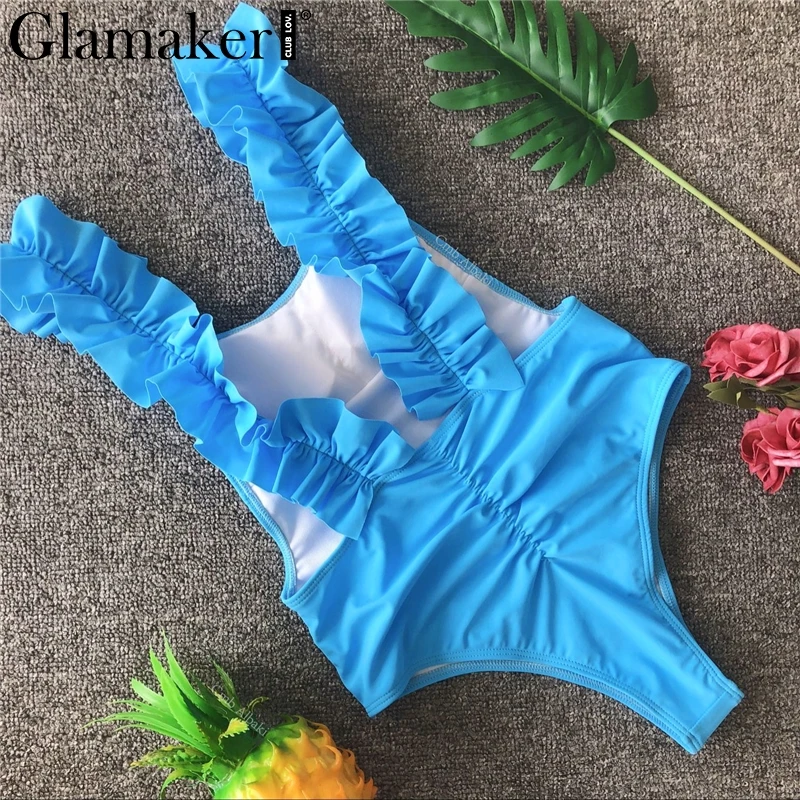 Glamaker плиссированные оборки Цельный купальник сексуальный летний нарядный боди купальный костюм с открытой спиной облегающий пляжный женский боди - Цвет: Синий