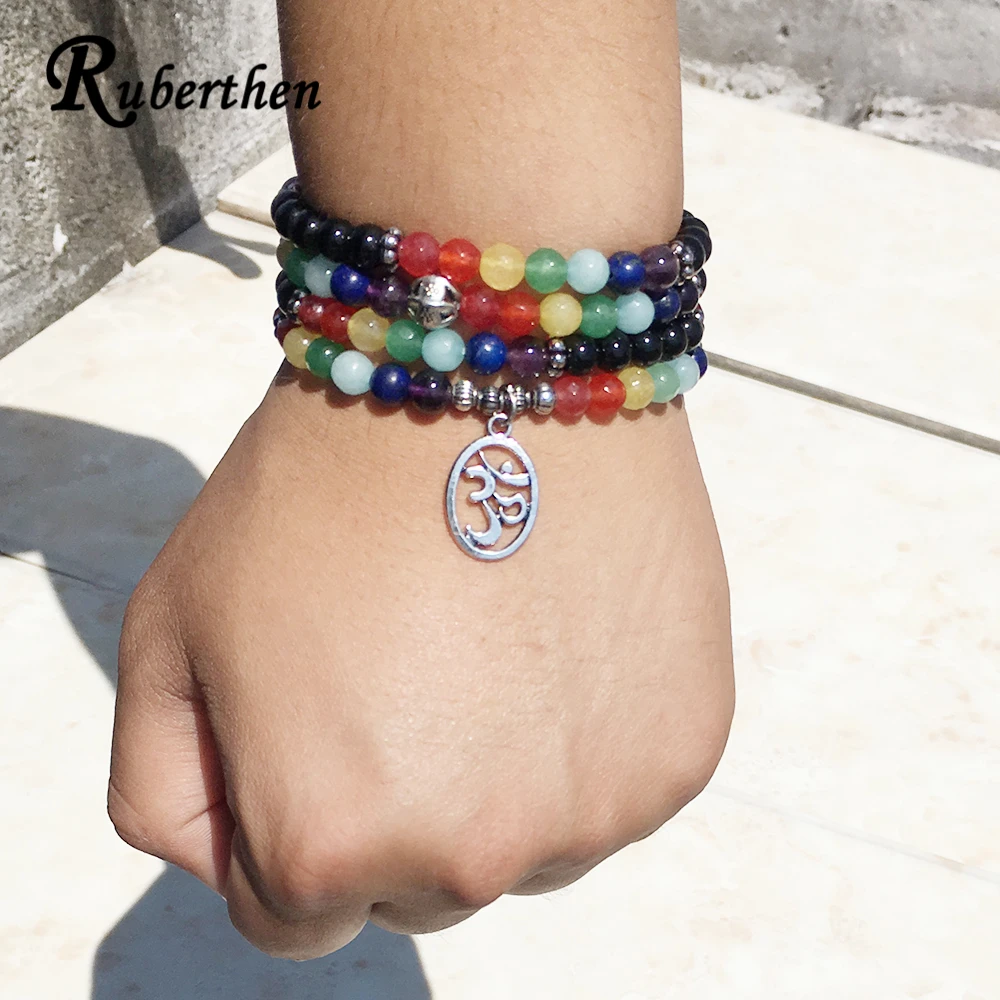 Новый модный браслет Ruberthen 108 Mala 6 мм натуральный черный камень 7 чакр колье лучший