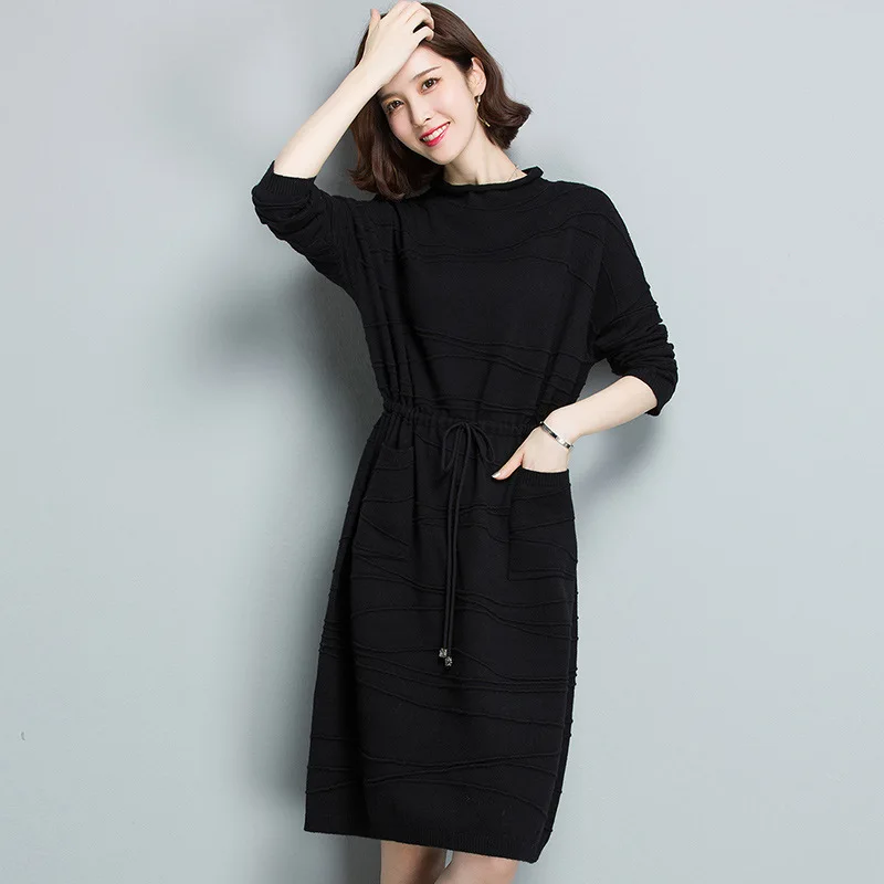 Женское трикотажное платье свитер с длинным рукавом и поясом|sweater dress|dress qualityknitted