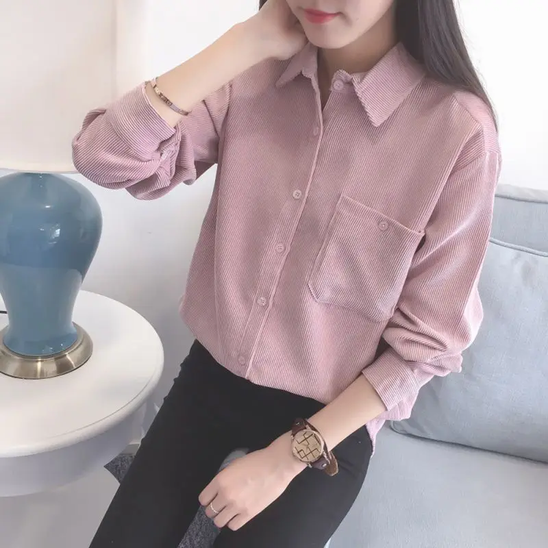 Размера плюс вельветовые blusas хлопковая рубашка женские топы с длинными рукавами Модная Повседневная Блузка Femme