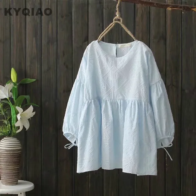 Женская осенне Весенняя однотонная блузка KYQIAO белая синяя розовая с рукавами