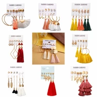 boho tassel dangle earrings set for women gold color leaf geometric long drop statement earring for female brincos jewelry