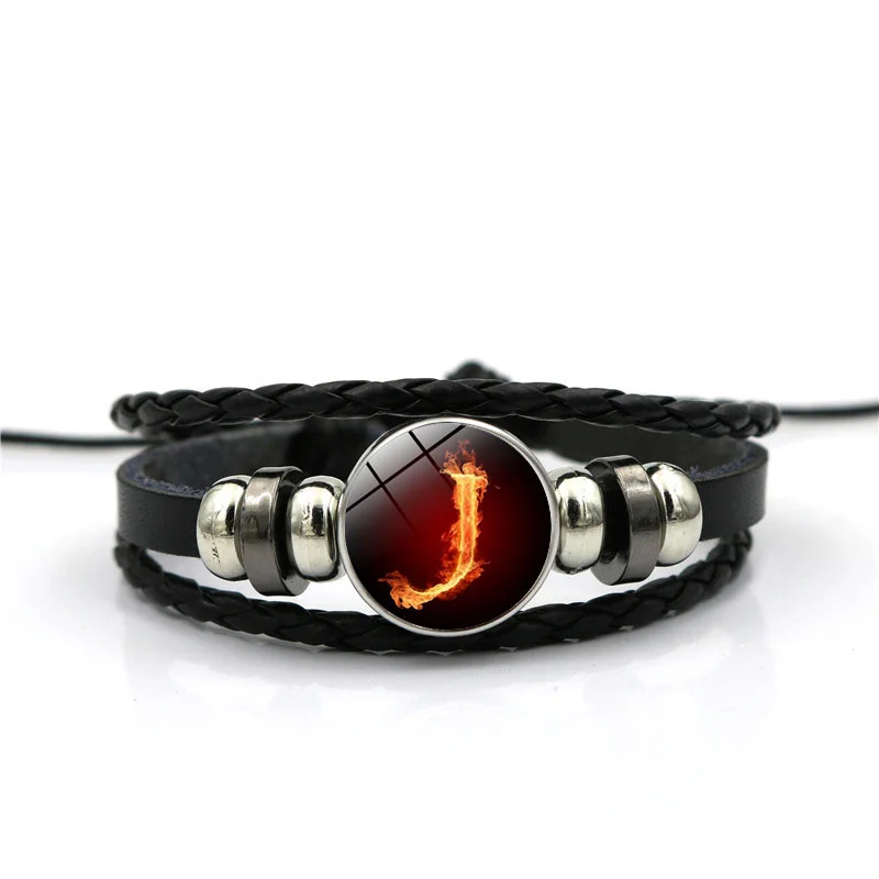 Flame A-M Letters Bracelet PersonalityTeam Name Rope Bracelet Black Leather Bracelet Men Women Fashion - Окраска металла: 10