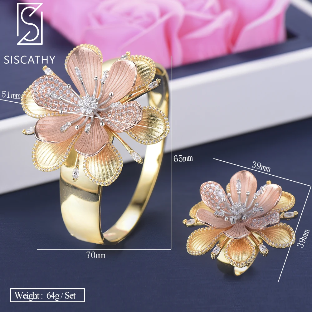 

SISCATHY 2PCS Luxury Bangle Flower Shape Three Tones Cubic Zirconia Inlaid Bridal Wedding Bracelet Ring For Women Jewelry Sets