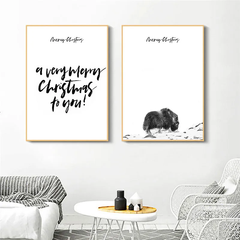 Nordic Home Wall Art Decor Canvas Painting Yak Animal Letter Print Living Room Picture Christmas | Дом и сад