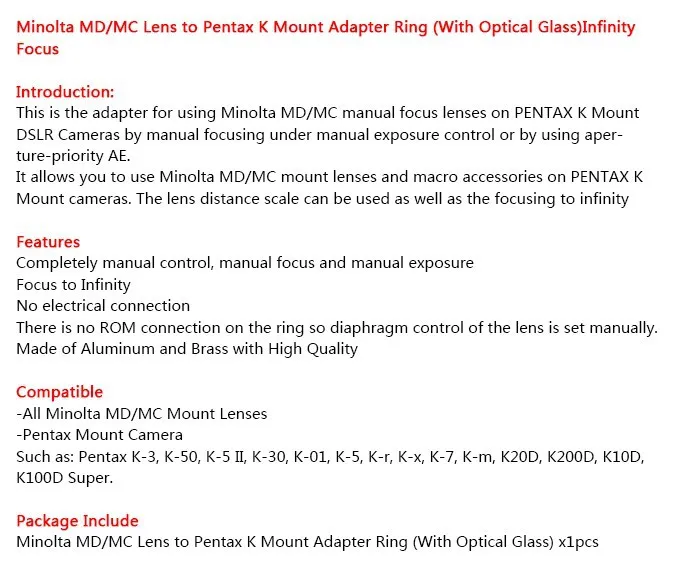 Pixco чехол оптического адаптера для объектива Minolta MD/MC объектив Pentax PK K-3 K-50 K-5 II K-30 K-01 K-5 Крос металличесые наклейки K-x K-7 K-М K20D K200D Камера