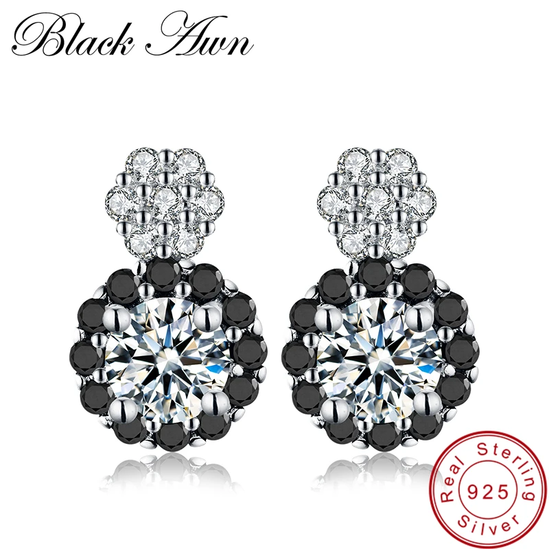 

[BLACK AWN] 100% Genuine 2.2g 925 Sterling Silver Jewelry Flower Black Spinel Stone Wedding Stud Earrings for Women T065