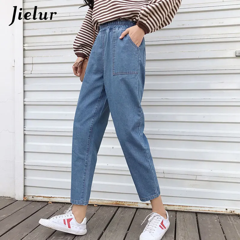 Синий Jielur Harajuku S-5XL High Street джинсы бойфренды для женщин корейские синие джинсы Femme Большие размеры джинсы Высокая талия дропшиппинг - Цвет: Синий