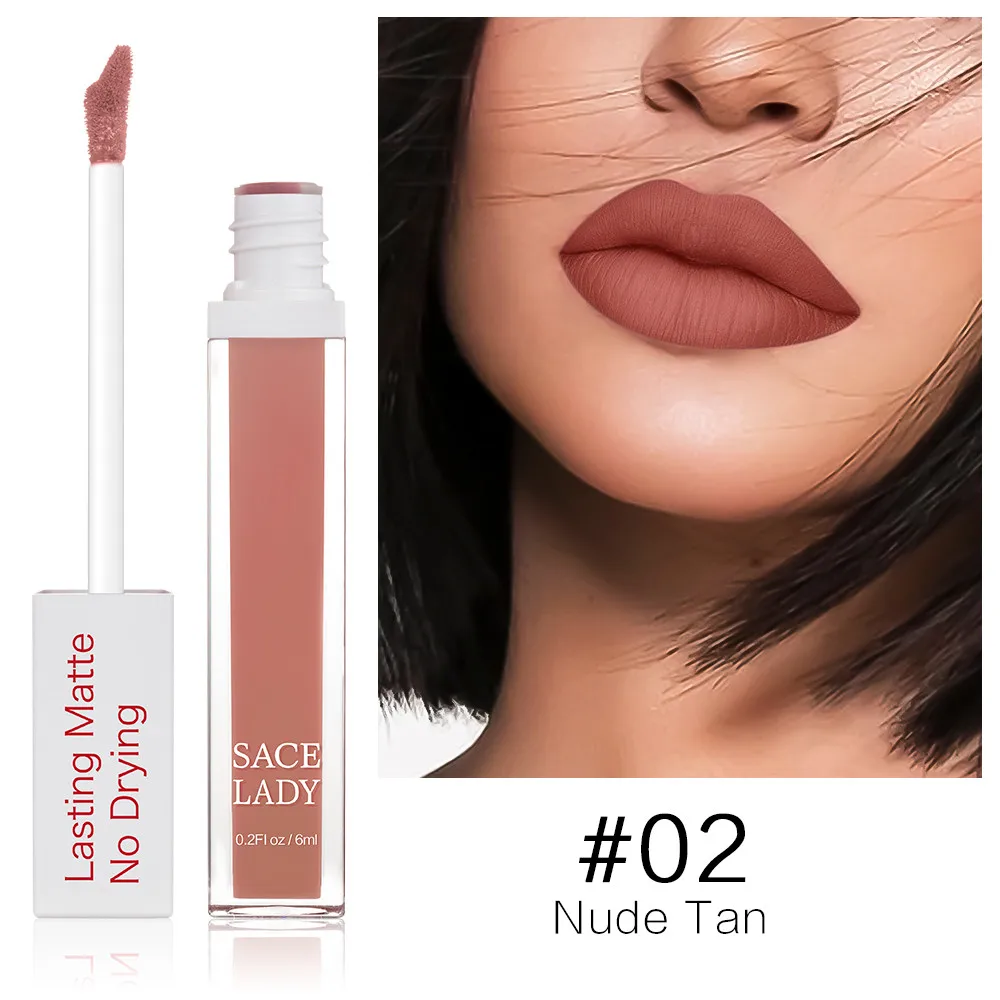 02 Nude Tan SACE LADY стойкая губная помада, макияж, Матовая жидкая губная помада, не высыхающая, макияж, телесный, красный, пигмент, водостойкая, 23 Цвета, косметика - Цвет: 02 Nude Tan