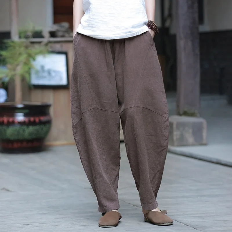 Женские весенне-летние хлопковые льняные трикотажные брюки с эластичной резинкой на талии, свободные женские брюки, лоскутные ретро брюки, женские брюки