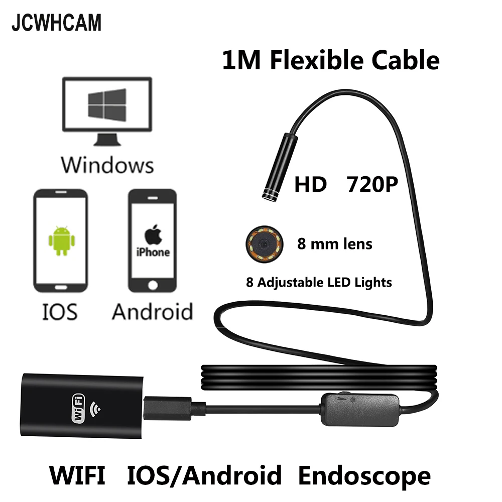 Камера-Эндоскоп JCWHCAM HD 720P 8 мм объектив 1 м Wi-Fi гибкий USB-кабель для осмотра труб