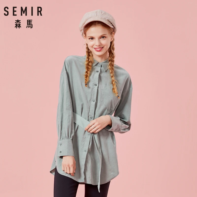 SEMIR Женская длинная Вельветовая рубашка с пряжкой на талии 100% хлопок