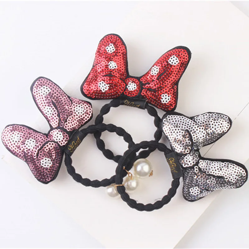 Cute Girls  Mickey Cloth Pearl Elastic Hair Band Hair Dress and Accessories Red/Fushia/Pink/Blue/Silver color