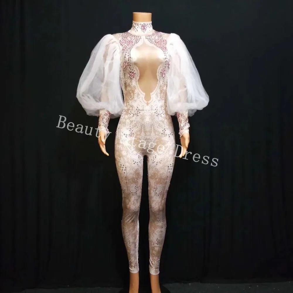 Colored Rhinestones One Piece Bodysuit pearl Elasticlong-sleeved adult stage costume Jumpsuit Stage Outfit Singer sexy clothing