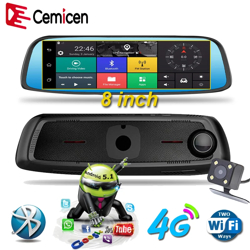 Автомобильный видеорегистратор Cemicen 8 дюймов 4G ADAS радар Android сенсорное зеркало