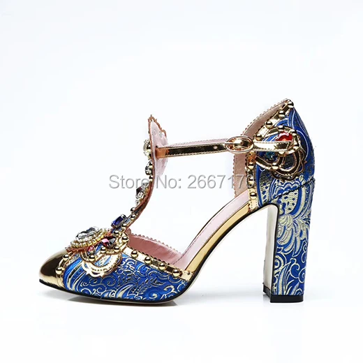 Shooegle Designer Shoes Women Luxury 2018 Runway Pumps Gemstone Pearled Summer Sandals T-Strap Chunky Heels Crystal Blue Sandles | Обувь