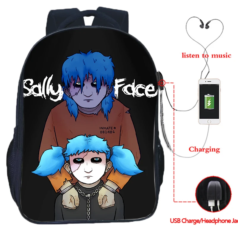 Многофункциональный рюкзак Sally Face с зарядкой через USB, школьные сумки для студентов, школьный рюкзак с разъемом для наушников, повседневный рюкзак для путешествий