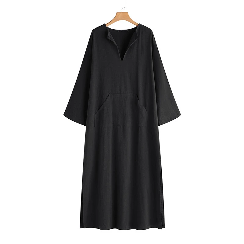 Vintage Linen Dress Women 2018 Autumn Sexy Deep V Neck Long Sleeve Split Solid Casual Party Maxi Vestido Kaftan Plus Size | Женская