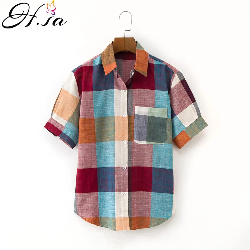 Женская винтажная Блузка в клетку H.SA цветные деловые рубашки стиле пэчворк с